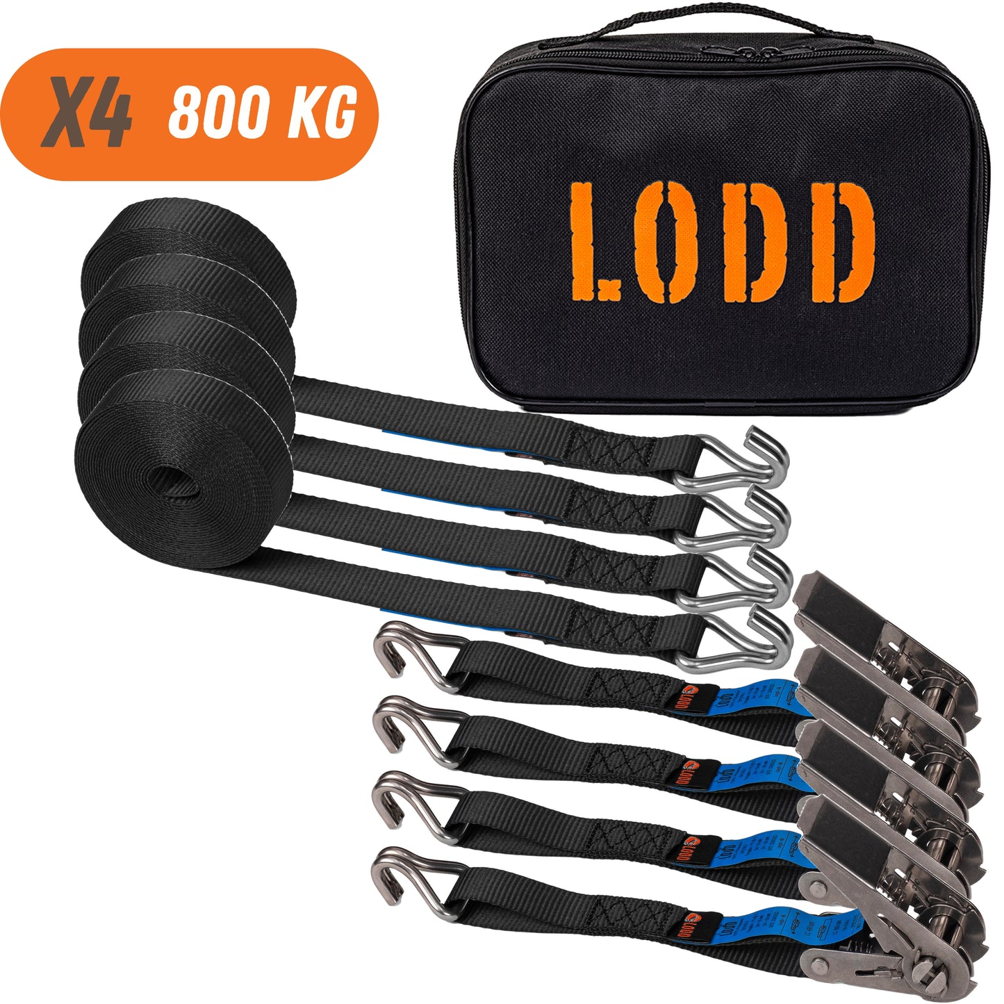 4 Sangles à cliquet INOX LODD 6m x 25mm, Resistance 800kg. Crochets en double J et cliquet en acier inoxydable. LODD