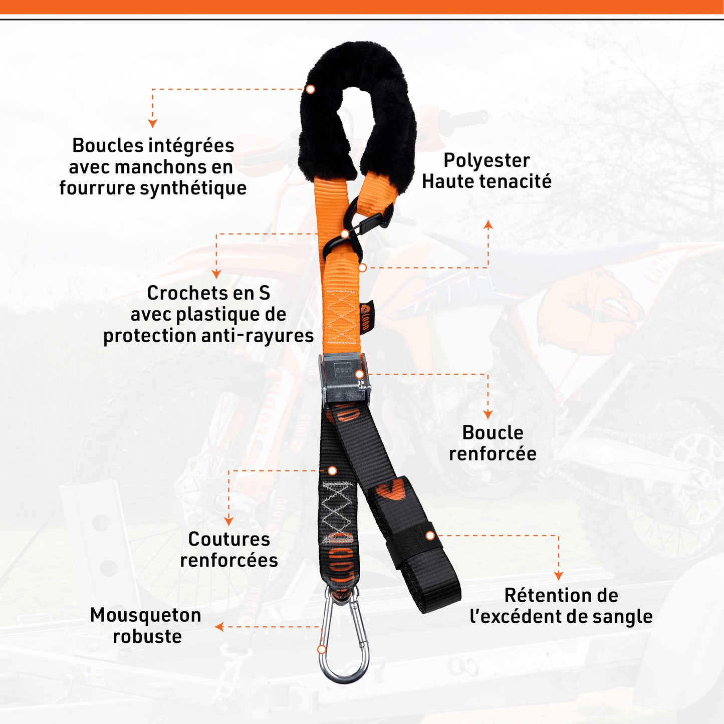 Sangle Moto à Boucles Haute qualité. Paire de Sangles d’arrimage à Crochets sécurisés plastifiés, résistance 1100 kg, Largeur 38mm + Housse de Transport (pour Moto Cross, Enduro, Trial, Quad)