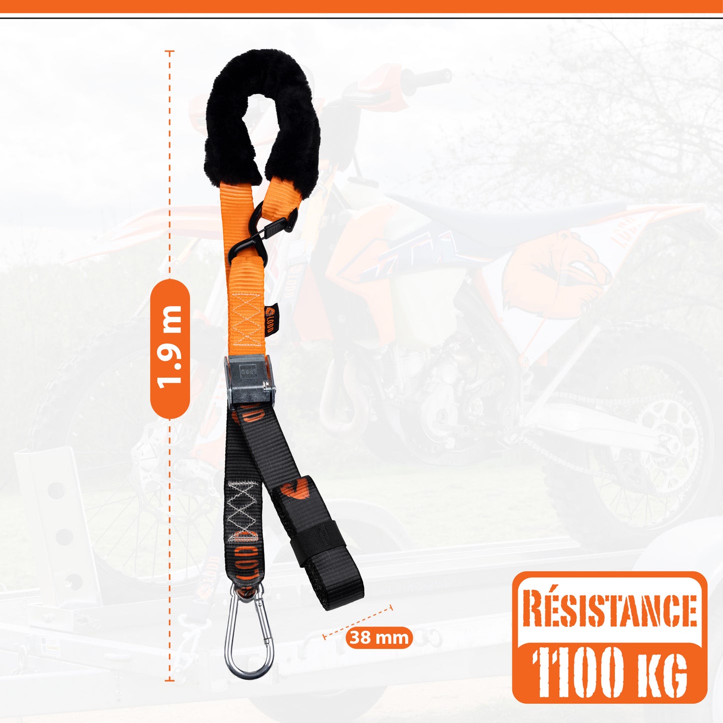 Sangle Moto à Boucles Haute qualité. Paire de Sangles d’arrimage à Crochets sécurisés plastifiés, résistance 1100 kg, Largeur 38mm + Housse de Transport (pour Moto Cross, Enduro, Trial, Quad)