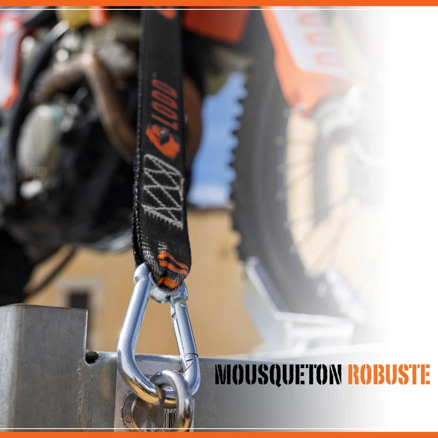 Sangle Moto à Boucles Haute qualité. Paire de Sangles d’arrimage à Crochets sécurisés plastifiés, résistance 1100 kg, Largeur 38mm + Housse de Transport (pour Moto Cross, Enduro, Trial, Quad)