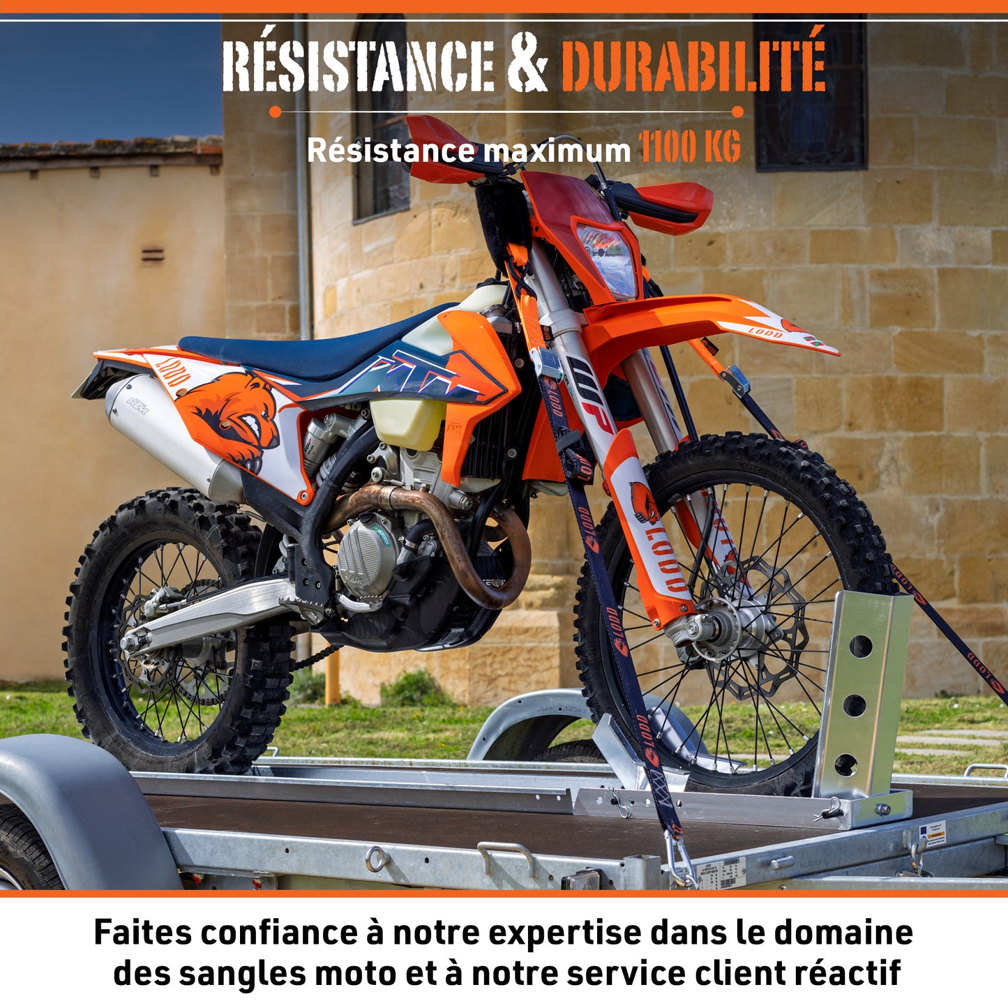 Sangle Moto à Boucles Haute qualité. Paire de Sangles d’arrimage à Crochets sécurisés plastifiés, résistance 1100 kg, Largeur 38mm + Housse de Transport (pour Moto Cross, Enduro, Trial, Quad)
