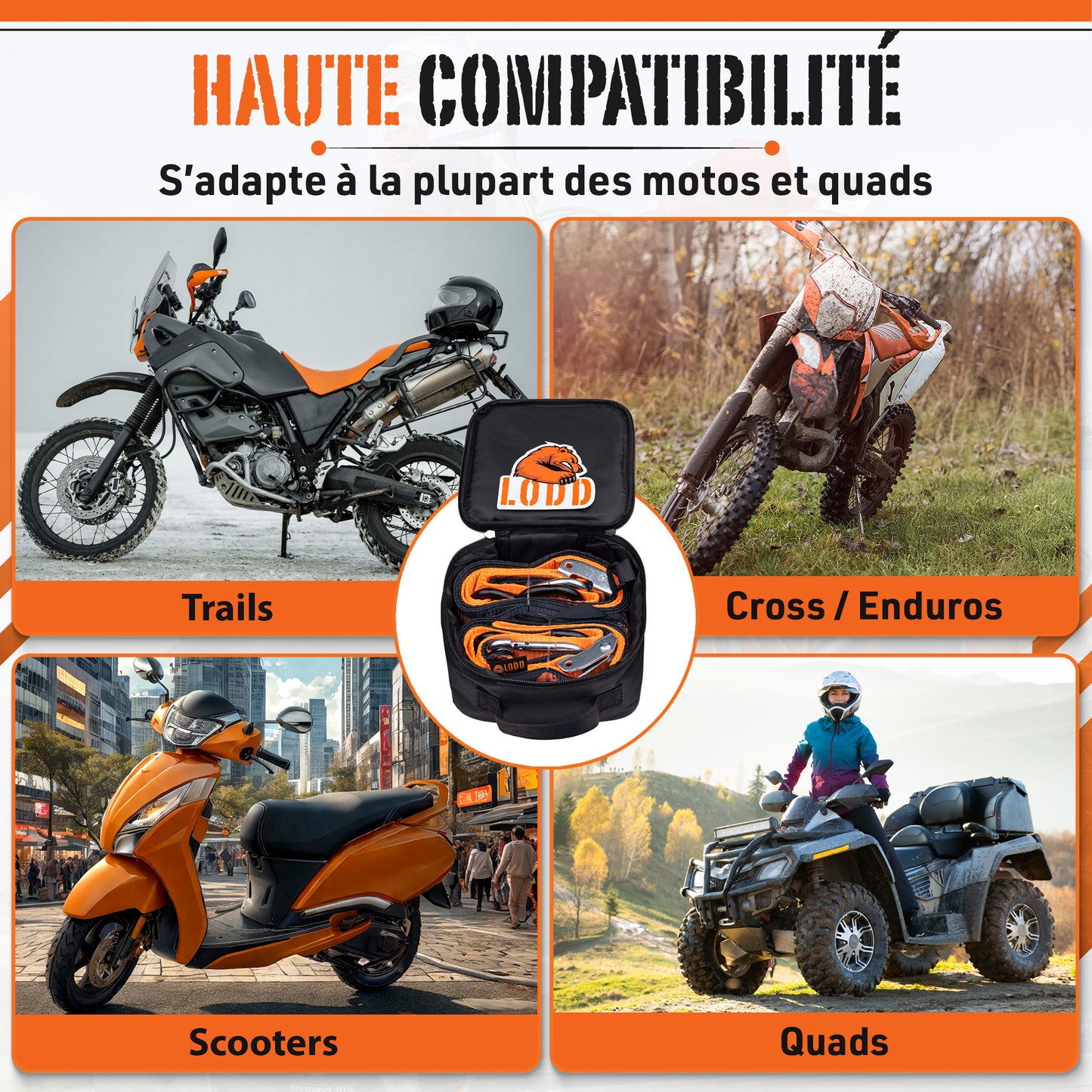 Sangle Moto à Boucles Haute qualité. Paire de Sangles d’arrimage à Crochets sécurisés plastifiés, résistance 1100 kg, Largeur 38mm + Housse de Transport (pour Moto Cross, Enduro, Trial, Quad)