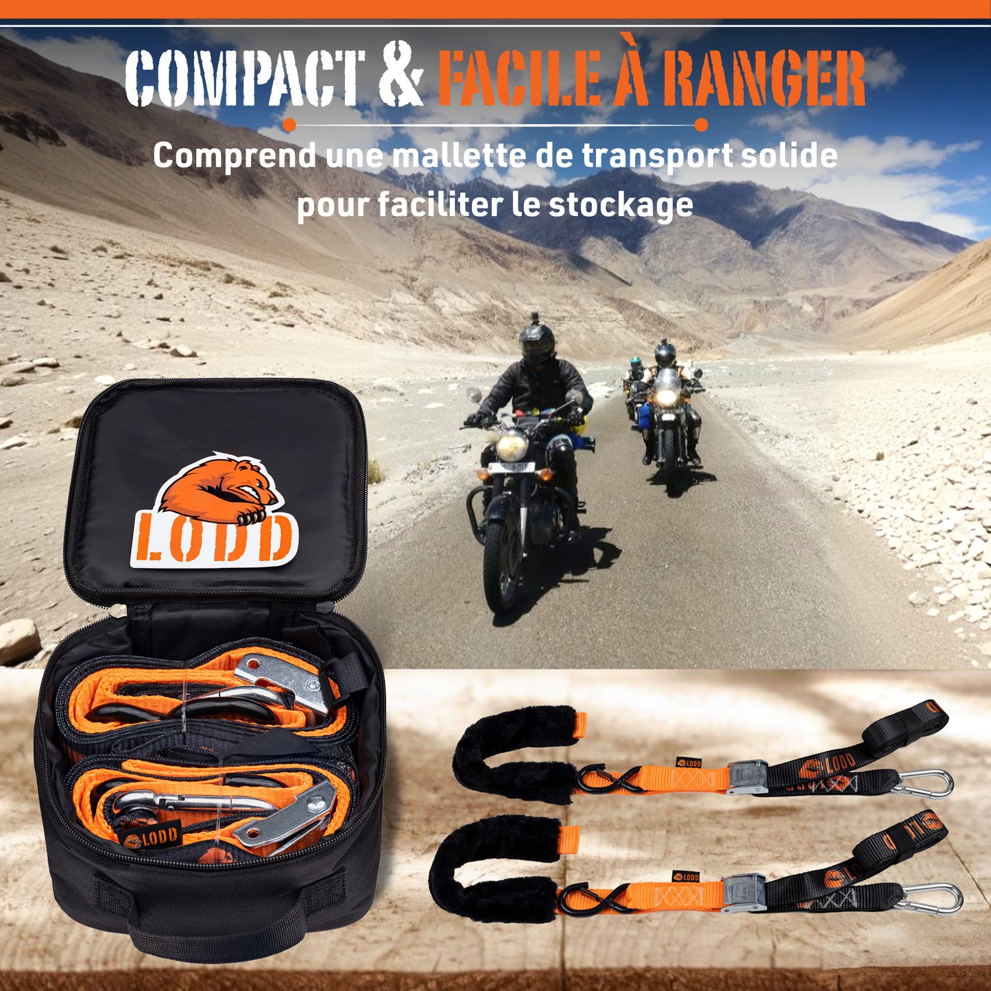Sangle Moto à Boucles Haute qualité. Paire de Sangles d’arrimage à Crochets sécurisés plastifiés, résistance 1100 kg, Largeur 38mm + Housse de Transport (pour Moto Cross, Enduro, Trial, Quad)