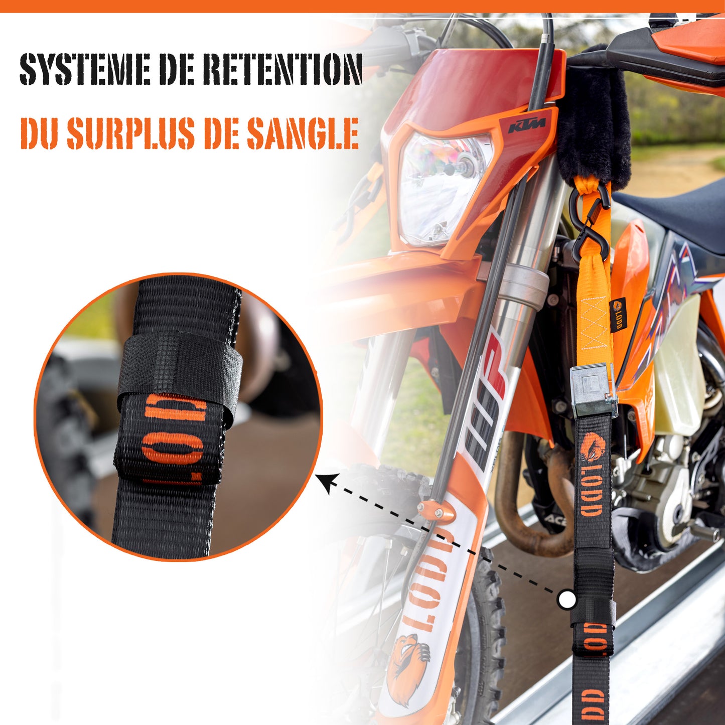 Sangle Moto à Boucles Haute qualité. Paire de Sangles d’arrimage à Crochets sécurisés plastifiés, résistance 1100 kg, Largeur 38mm + Housse de Transport (pour Moto Cross, Enduro, Trial, Quad)