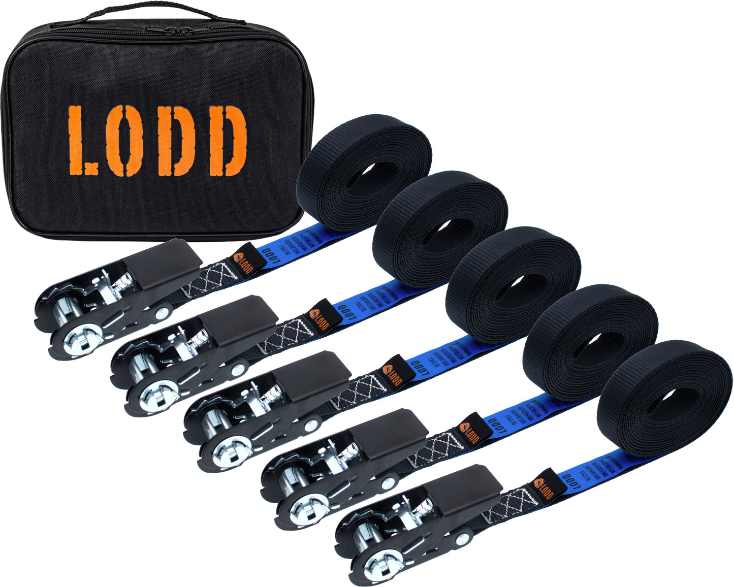 5 Sangles d'arrimage à cliquet LODD 6m x 25mm avec sac de transport. Résistance 800kg.