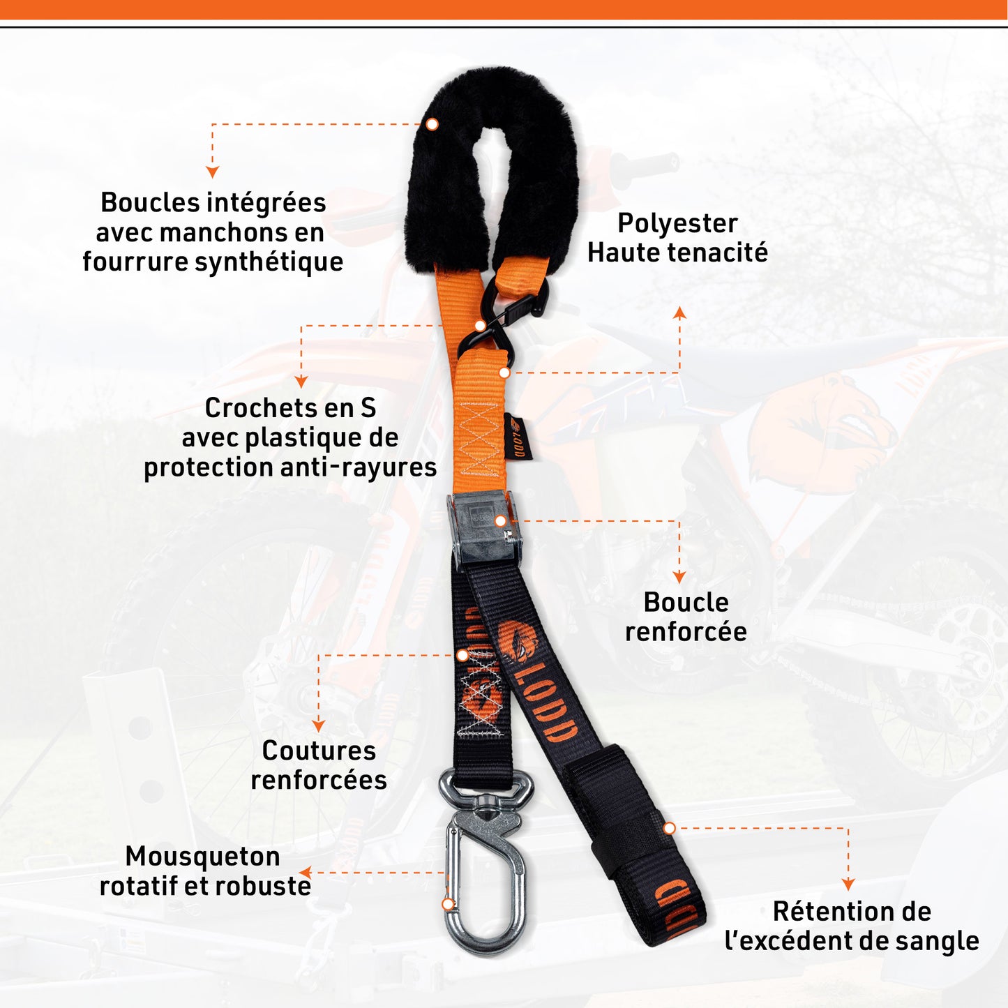 Sangles Moto à Boucles Haute Résistance avec Mousqueton Tournant, Protection Fourrure, Boucle Renforcée | 1100 kg, 38mm | Arrimage Remorque Moto Cross, Enduro, Trial, Quad, Trail
