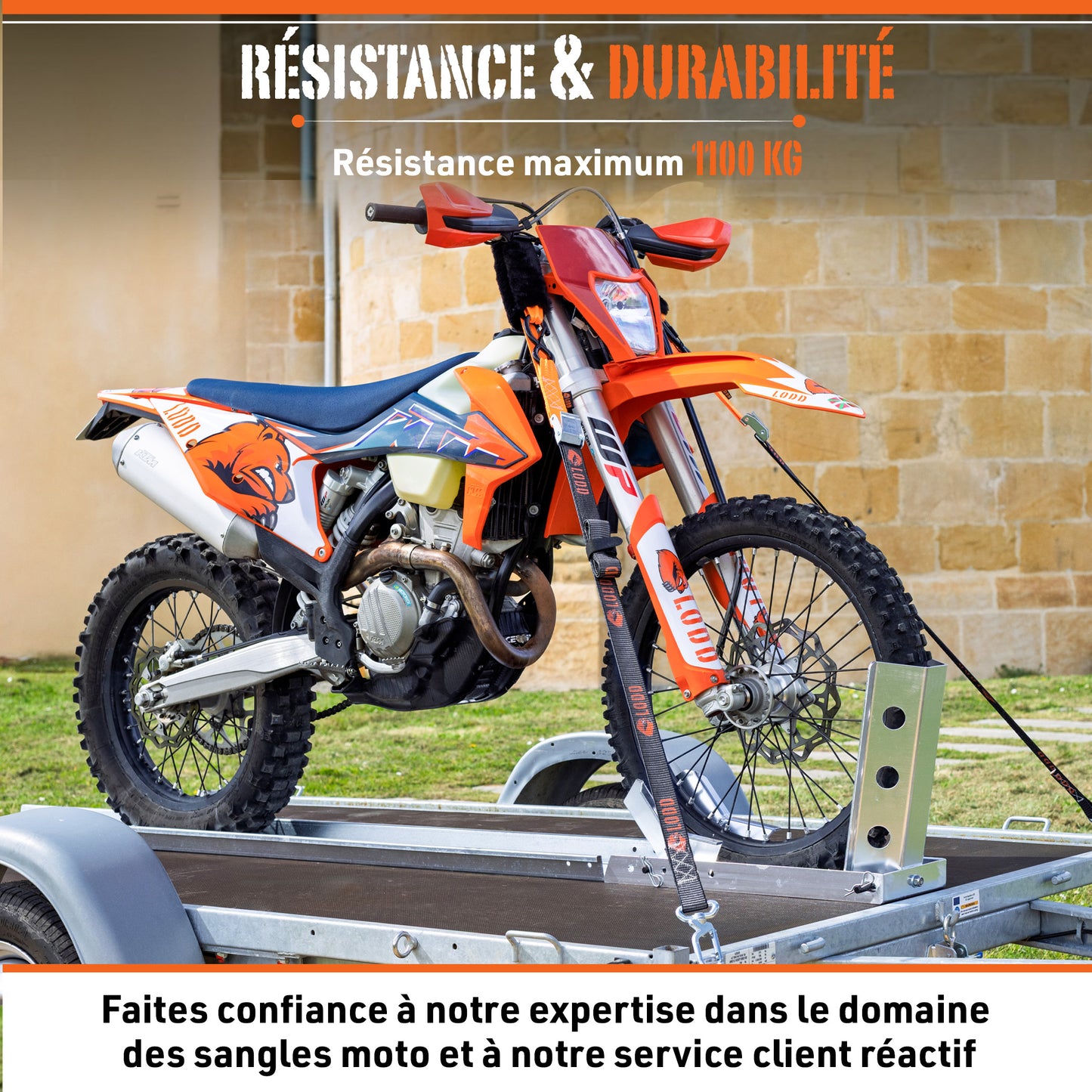 Sangles Moto à Boucles Haute Résistance avec Mousqueton Tournant, Protection Fourrure, Boucle Renforcée | 1100 kg, 38mm | Arrimage Remorque Moto Cross, Enduro, Trial, Quad, Trail