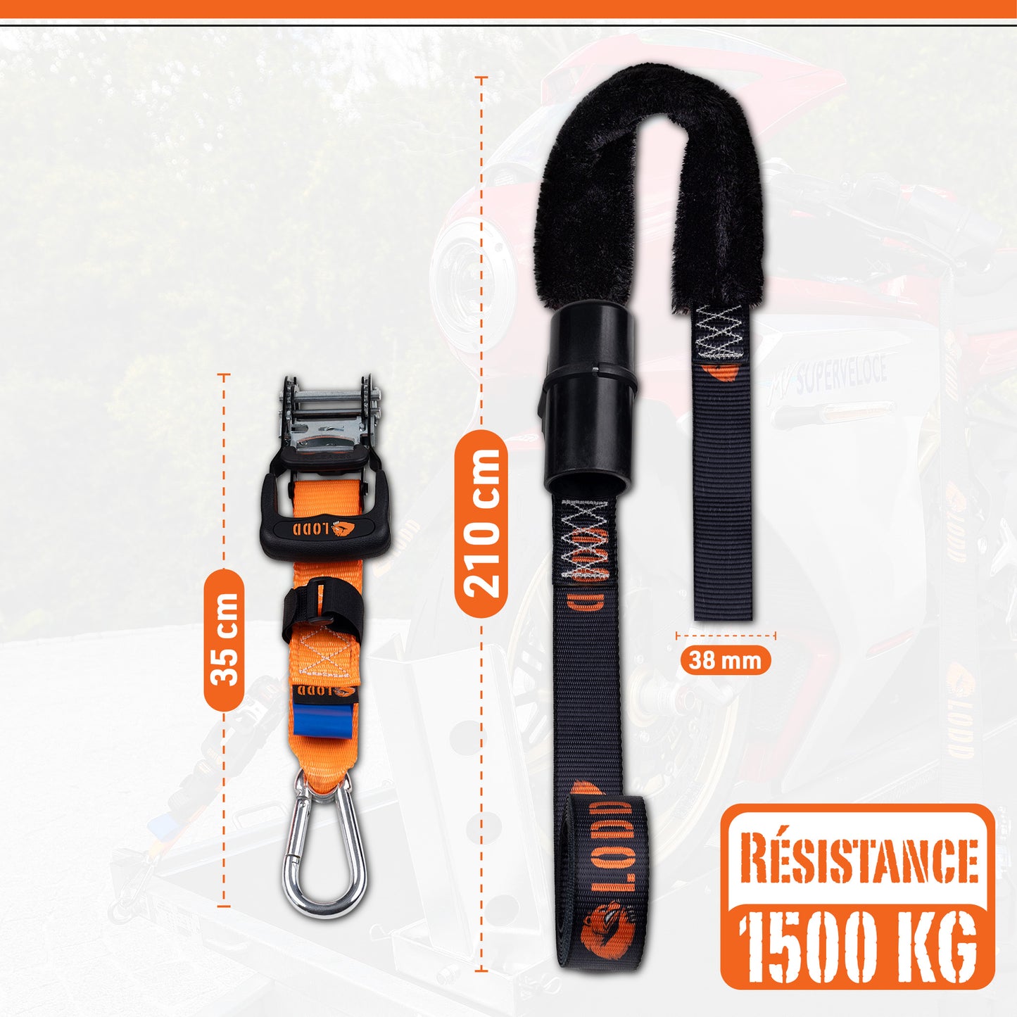 Sangles Moto Arrimage au Guidon avec Manchons Composites Renforcés et Cliquet Ultra-Robuste – Largeur 38 mm – Polyester Haute Résistance 1500 kg – Mousquetons acier – Valise Incluse