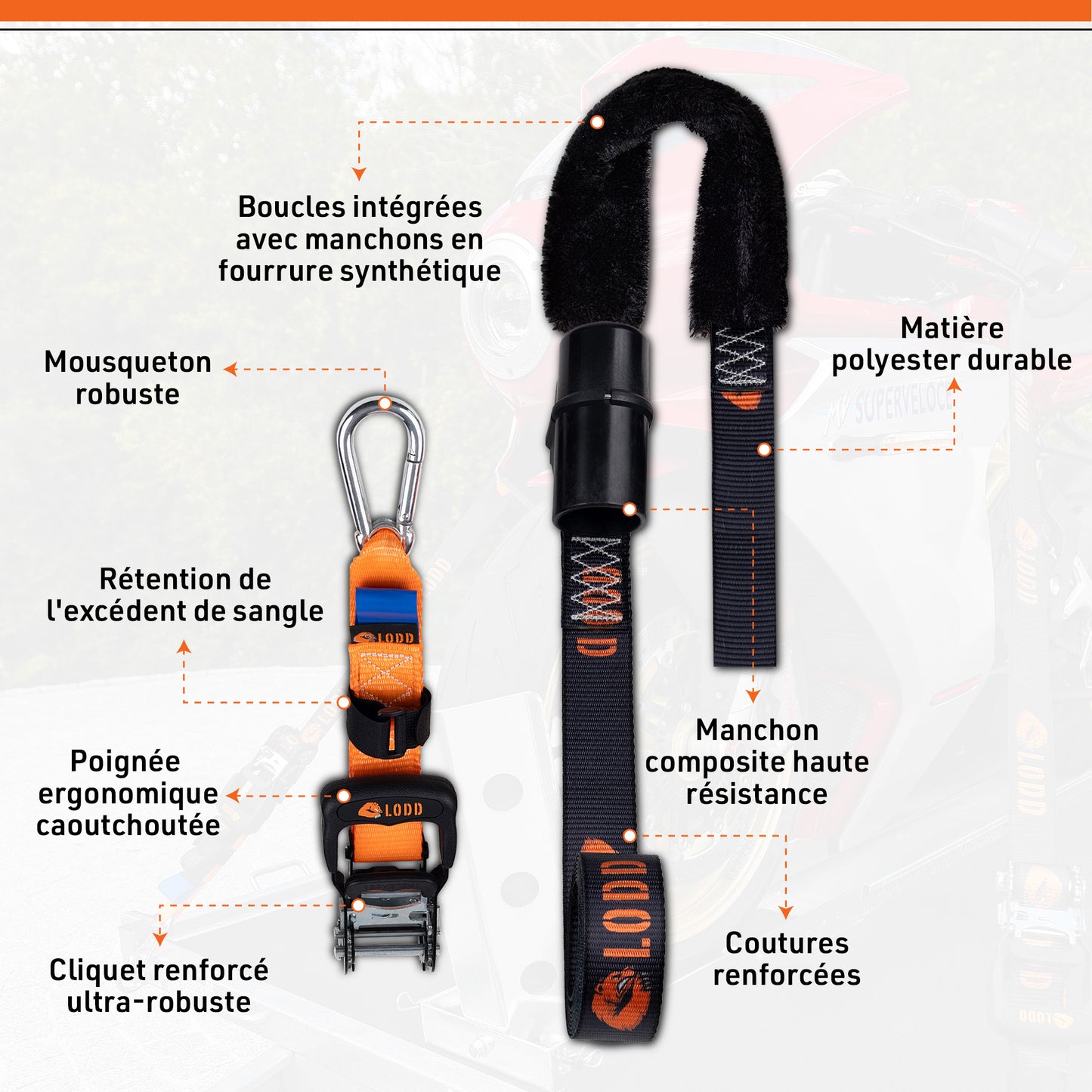 Sangles Moto Arrimage au Guidon avec Manchons Composites Renforcés et Cliquet Ultra-Robuste – Largeur 38 mm – Polyester Haute Résistance 1500 kg – Mousquetons acier – Valise Incluse