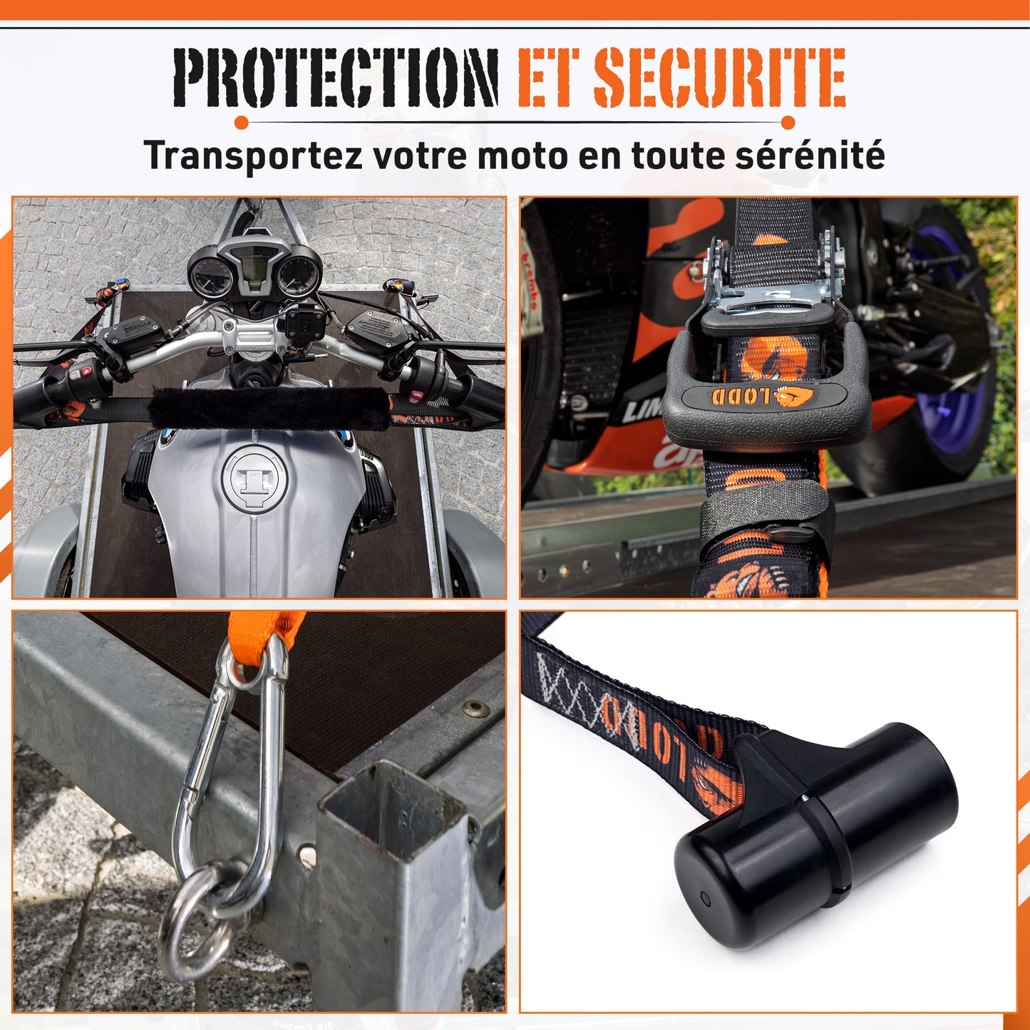 Sangles Moto Arrimage au Guidon avec Manchons Composites Renforcés et Cliquet Ultra-Robuste – Largeur 38 mm – Polyester Haute Résistance 1500 kg – Mousquetons acier – Valise Incluse