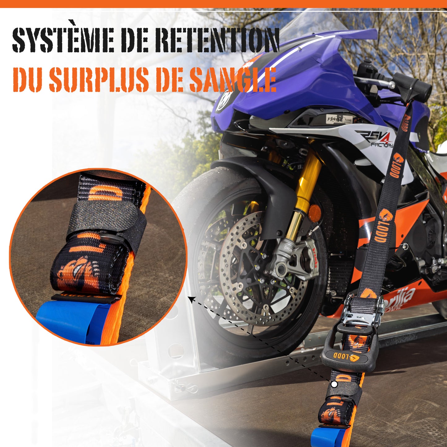 Sangles Moto Arrimage au Guidon avec Manchons Composites Renforcés et Cliquet Ultra-Robuste – Largeur 38 mm – Polyester Haute Résistance 1500 kg – Mousquetons acier – Valise Incluse