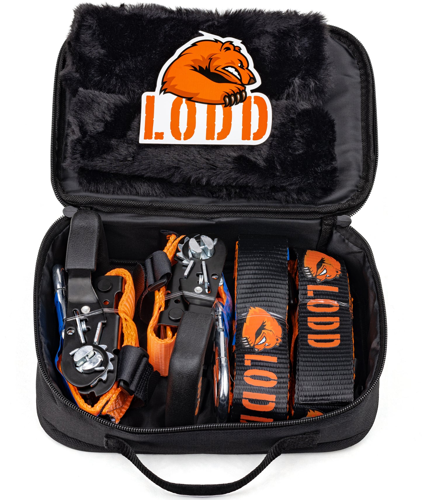 Sangles Moto à cliquets et boucles avec protection peau de mouton. Les sangles d'arrimage moto ULTIMES, 38mm de large avec crochets sécurisés pour toutes motos, quad . Livré avec Valise de Transport - Résistance 1500kg