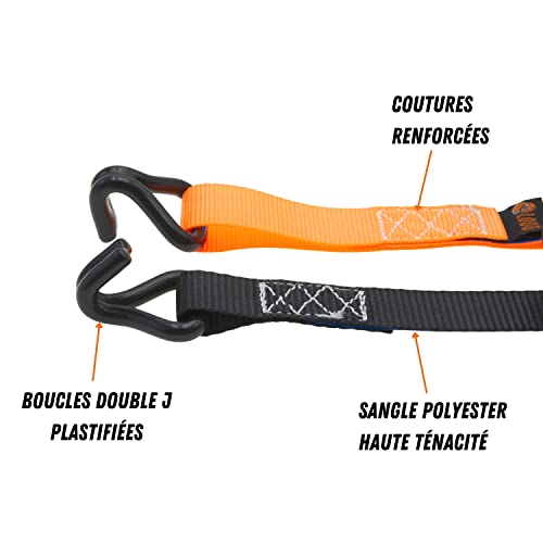 LODD - 4 Sangles à cliquet 4m x 25mm, Resistance 800kg. Crochets en J plastifiés. Conforme en 12195-2. Idéal arrimage Transport Bagages, Meuble LODD