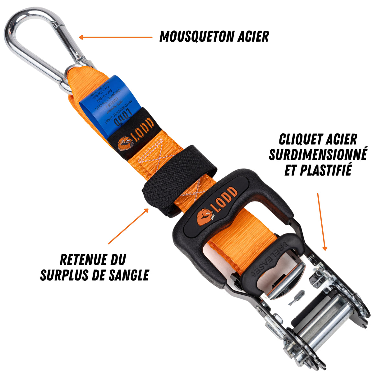 Sangles Moto à cliquets et boucles, protection fourrure. Les sangles d'arrimage moto ULTIMES, 38mm, crochets sécurisés. Toutes motos et quad