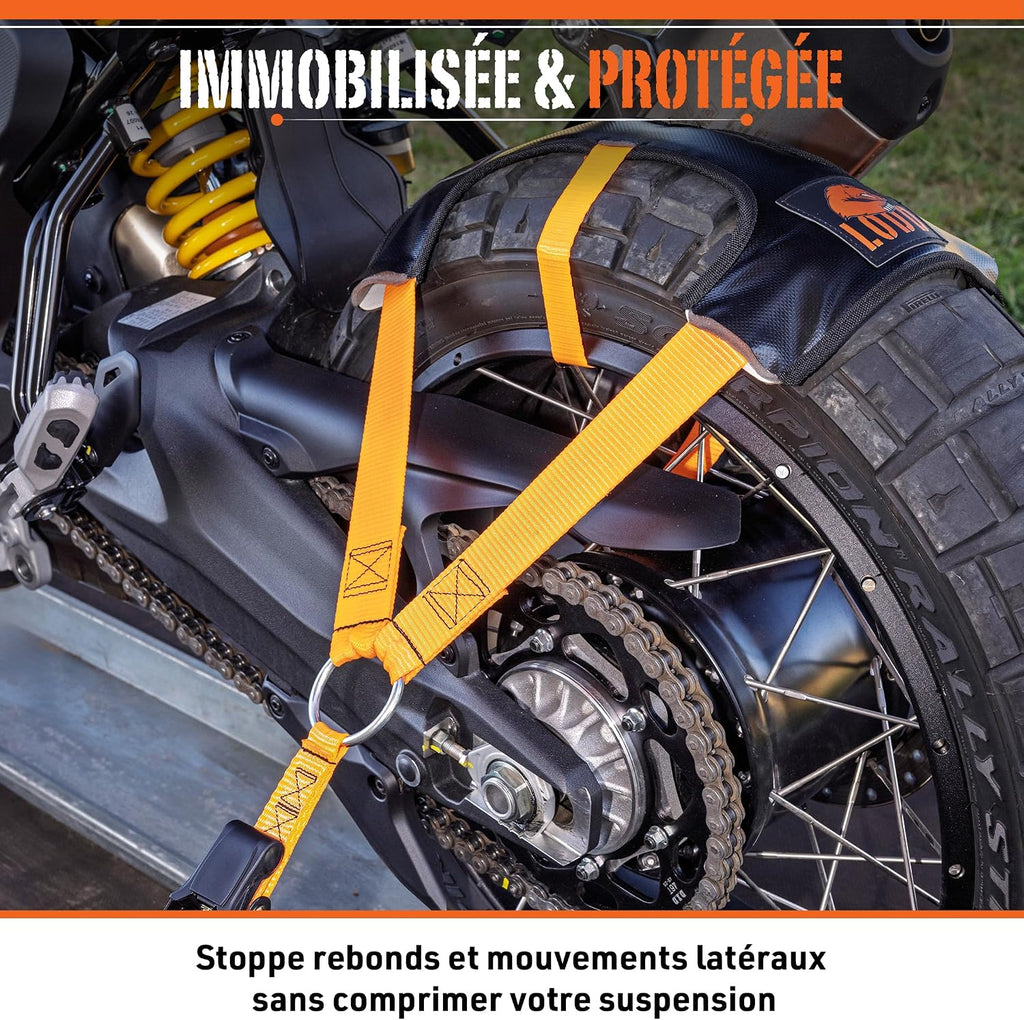Roue arrière immobilisée par la sangle RSW sans comprimer la suspension