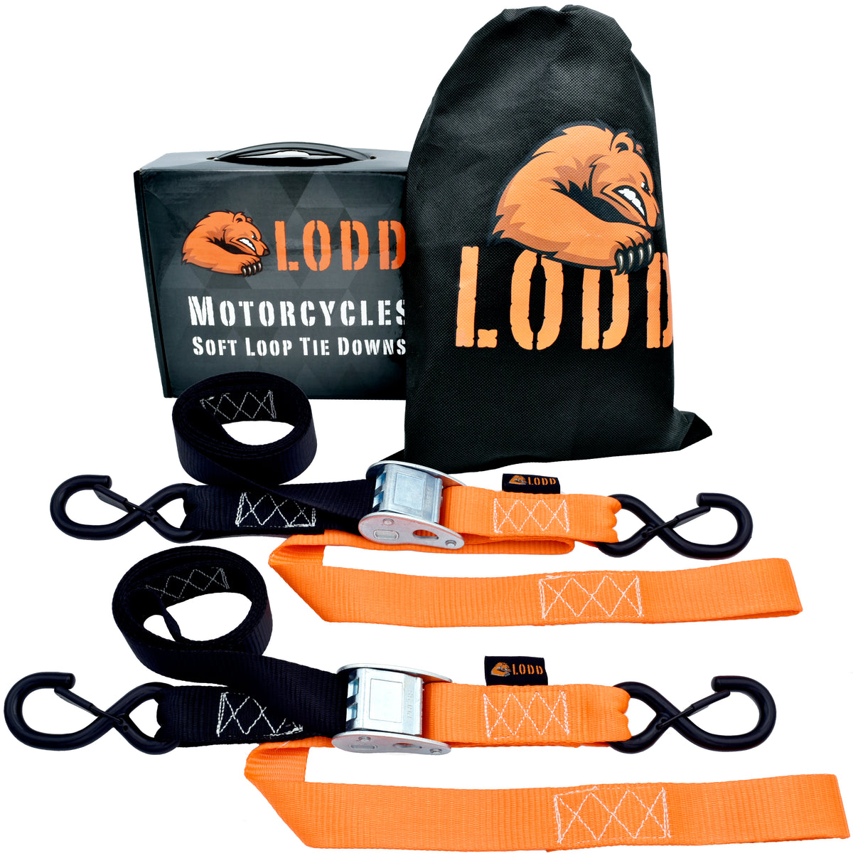 Sangles Moto à Boucles LODD à crochets sécurisés plastifiés, résistance 900 kg (LC 450 kg), 38mm + Housse de Transport.Moto Cross, Enduro, Trial, Quad