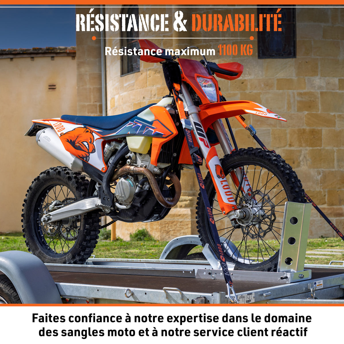 Sangle Moto à Boucles Haute qualité, résistance 900 kg (LC 450 kg), Largeur 38mm + Housse de Transport (pour Moto Cross, Enduro, Trial, Quad)