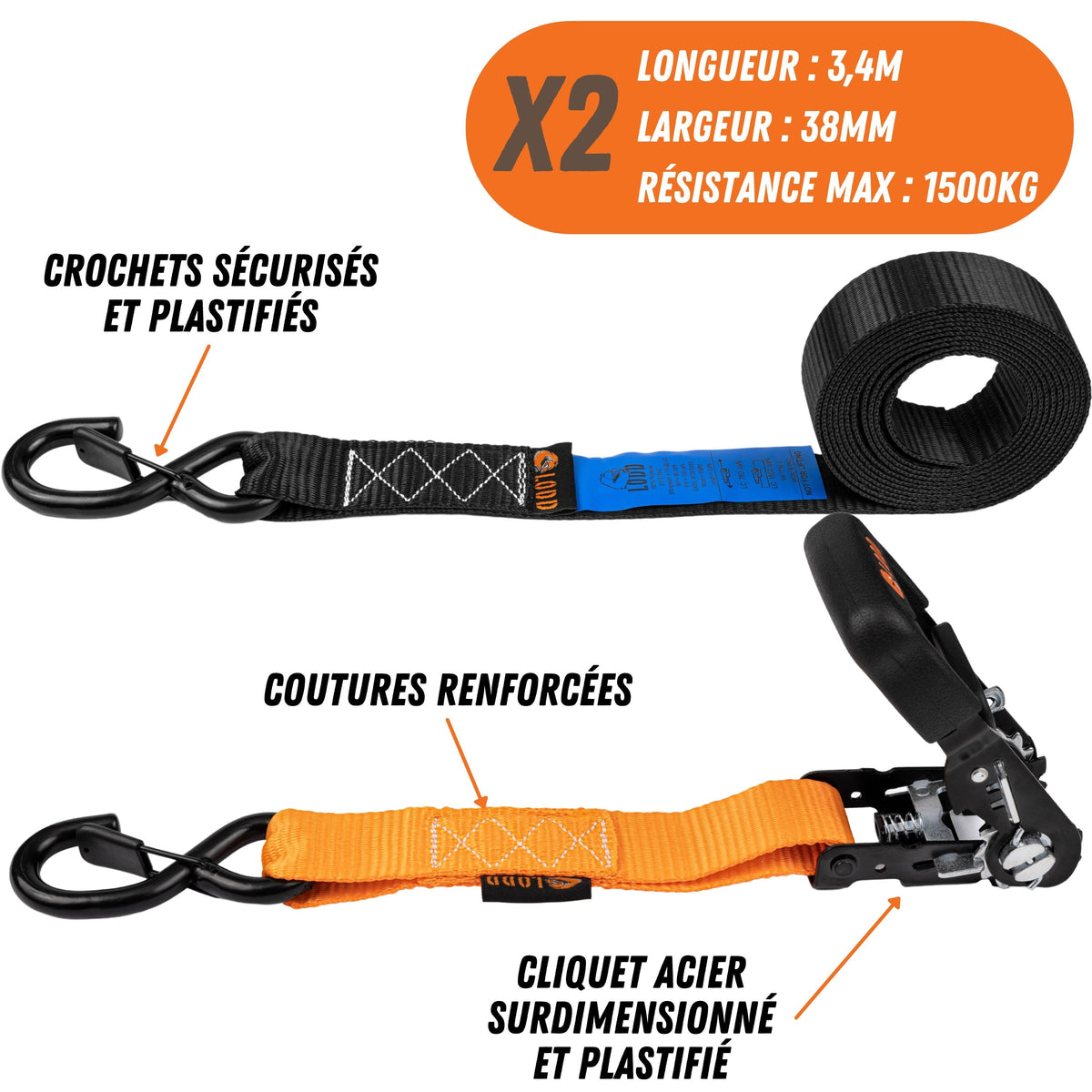 Sangles moto LODD à Cliquet Haute Qualité - 38mm x 3,4m, Crochets sécurisés plastifiés, résistance 1500 kg + 2 Boucles Souples