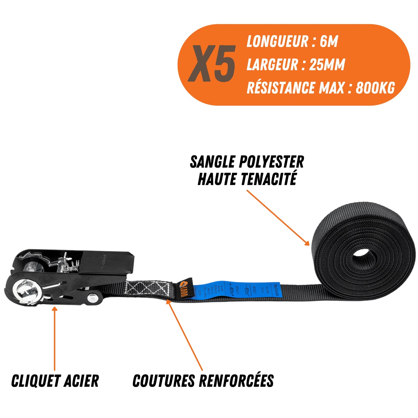 5 Sangles d'arrimage à cliquet LODD 6m x 25mm avec sac de transport. Résistance 800kg.