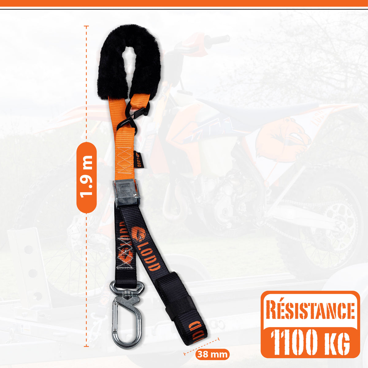 Sangles Moto à Boucles avec Mousqueton Tournant, Protection Fourrure, 1100 kg, 38mm, Arrimage Remorque Moto Cross, Enduro, Trial, Quad, Trail