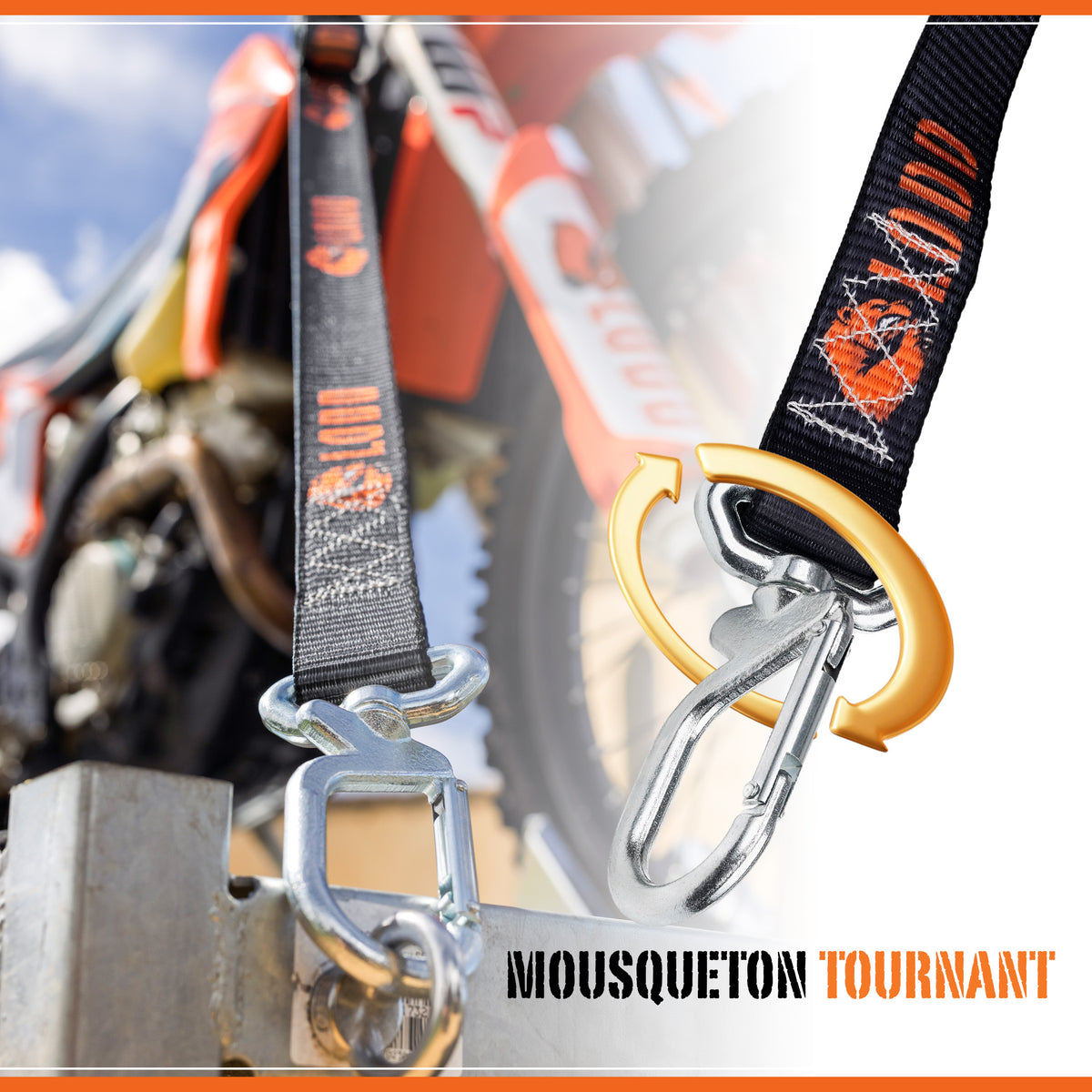 Sangles Moto à Boucles avec Mousqueton Tournant, Protection Fourrure, 1100 kg, 38mm, Arrimage Remorque Moto Cross, Enduro, Trial, Quad, Trail