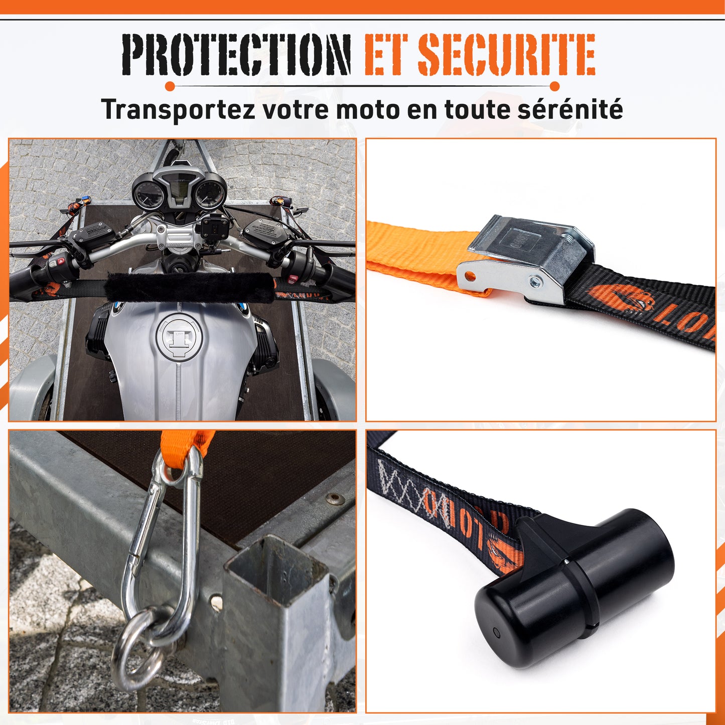 Sangles Moto Arrimage au Guidon avec Manchons Composites Renforcés et Boucles Renforcées – Largeur 38 mm – Polyester Haute Résistance 1100 kg – Mousquetons Acier – Valise Incluse