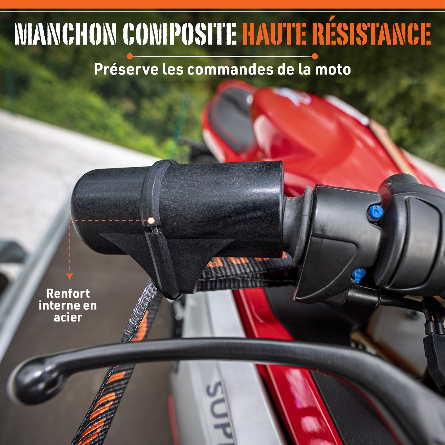 Sangles Moto Arrimage au Guidon avec Manchons Composites Renforcés et Boucles Renforcées – Largeur 38 mm – Polyester Haute Résistance 1100 kg – Mousquetons Acier – Valise Incluse