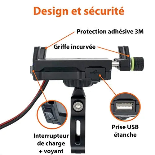 Support Téléphone Réglable + Prise USB Intégrée Guidon Moto