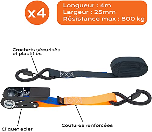 4 Sangles à cliquet LODD 4m x 25mm, Resistance 800kg. Crochets sécurisés et plastifiés et 4 Boucles Souples. LODD